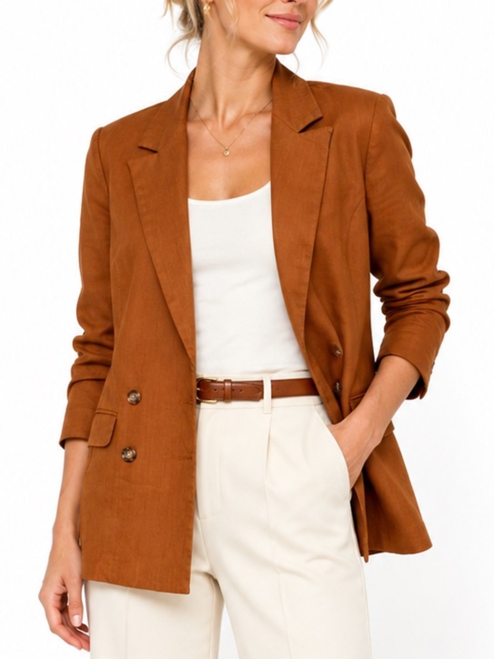 Evereve Alexa Double Breasted Autumn Linen Blazer Jacket Camel Cafe Brown Size S